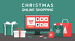 Christmas online shopping concept on a computer screen with gift boxes, shopping bags, candy on the desk, and text, winter holidays sales, vector flat illustration