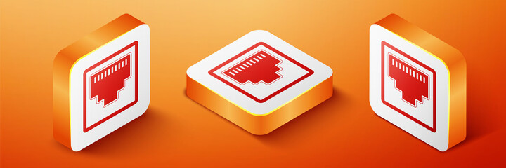 Poster - Isometric Network port - cable socket icon isolated on orange background. LAN port icon. Ethernet simple icon. Local area connector icon. Orange square button. Vector.