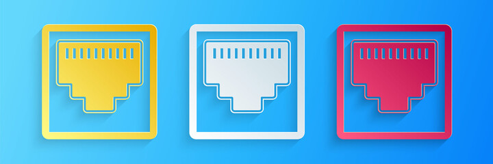 Poster - Paper cut Network port - cable socket icon isolated on blue background. LAN port icon. Ethernet simple icon. Local area connector icon. Paper art style. Vector.