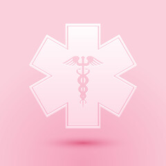 Wall Mural - Paper cut Emergency star - medical symbol Caduceus snake with stick icon isolated on pink background. Star of Life. Paper art style. Vector.