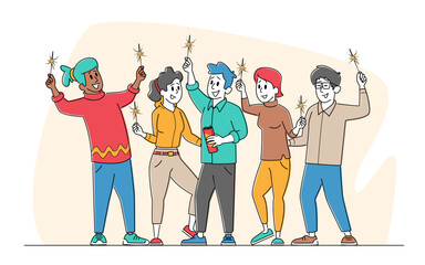 People with Sparklers Celebrate Holidays, Friendship Concept. Group of Cheerful Happy Characters Rejoice with Hands Up