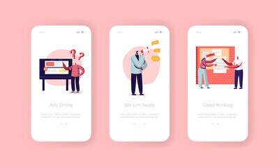 Poster - Marketing Agency Mobile App Page Onboard Screen Template. Characters Sticking Advertising, HR Agent Yelling in Megaphone
