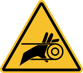 Hand Entanglement With Belt Drive sign. Black on yellow background. Safety signs & symbols.