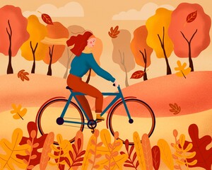 Happy young woman dressed in autumn clothes riding a bicycle with forest background. Leaves flying around in wind. Flat colorful illustration.