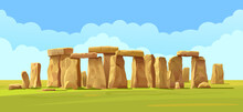 Stonehenge Stone Landscape On The Field, Blue Sky And Clouds. Vector Illustration
