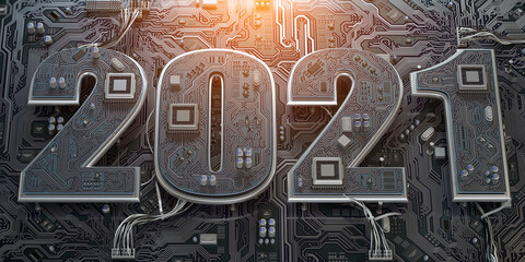 Poster - New 2021 year in computer technology and internet commucations industry concept. Motherboard chipset with number 2021.