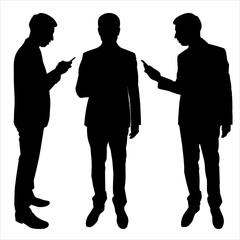 Businessman in a suit is standing with a phone in his hands. Modern lifestyle. Group of people with smart phones. Black flat illustration with male silhouette on a white isolated background.