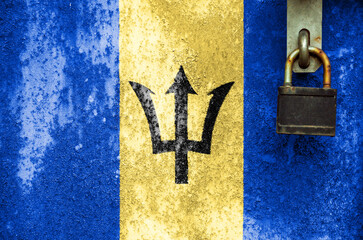 Flag of Barbados is on texture. Template. Coronavirus pandemic. Countries may be closed. Locks.