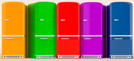 Poster - Colored fridges, retro design. 3D rendering