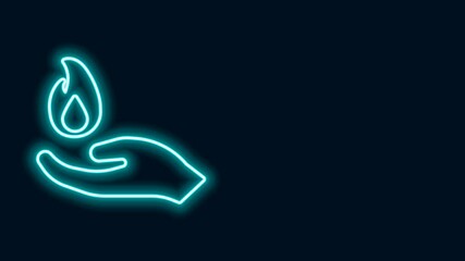 Wall Mural - Glowing neon line Hand holding a fire icon isolated on black background. 4K Video motion graphic animation