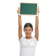 Smiling Casual Woman Holding Blackboard Above Her Head