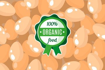 Vector poster or banner with illustration of chicken eggs background and round green organic food label