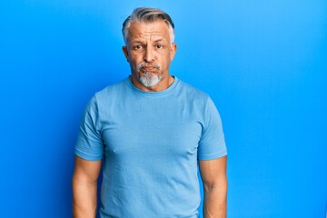 Canvas Print - Middle age grey-haired man wearing casual clothes puffing cheeks with funny face. mouth inflated with air, crazy expression.