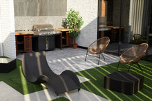 Background Image Of Empty Terrace With Designer Outdoor Furniture And Modern Grill, Copy Space