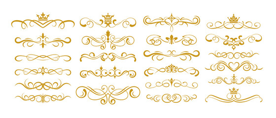 Set of hand drawn gold design elements. Calligraphic ornament. Gold isolated elements on a white background. Borders, curls, curls and dividers for your design. Royal style. Vector graphics