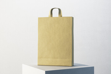 Poster - Paper shopping bag with handles on white cube.