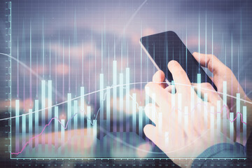 Fototapete - Double exposure of man's hands holding and using a digital device and forex graph drawing. Financial market concept.