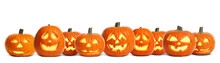 Set Of Carved Halloween Pumpkins On White Background. Banner Design