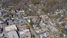 High Angle Aerial View Of Capital City Of Vermont, Montpelier. Typical Street With Churches