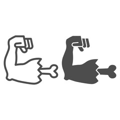 Poster - Severed athlete arm with bone sticking out line and solid icon, halloween concept, zombie broken hand sign on white background, Frankenstein hand icon in outline style for web design. Vector graphics.