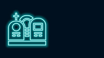 Sticker - Glowing neon line Grave with tombstone icon isolated on black background. 4K Video motion graphic animation