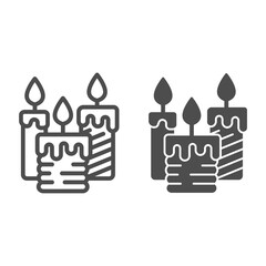 Poster - Three burning candles line and solid icon, illumination concept, candle sign on white background, wax candle icon in outline style for mobile concept and web design. Vector graphics.