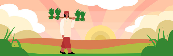 Wall Mural - Field with Indian farmers carrying plants, cartoon flat vector illustration. Traditional farming and agricultural work in India, cultivation of crops by hand.