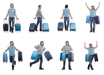 Wall Mural - Young man travelling with suitcases isolated on white