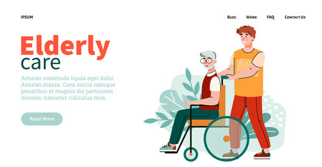 Wall Mural - Concept of support, care and help for elderly person with disabilities. Guy volunteer or social worker take care of senior or sick patient in wheelchair. Vector design for web page