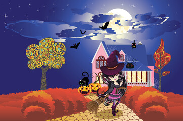 Wall Mural - Cottage decorated for Halloween