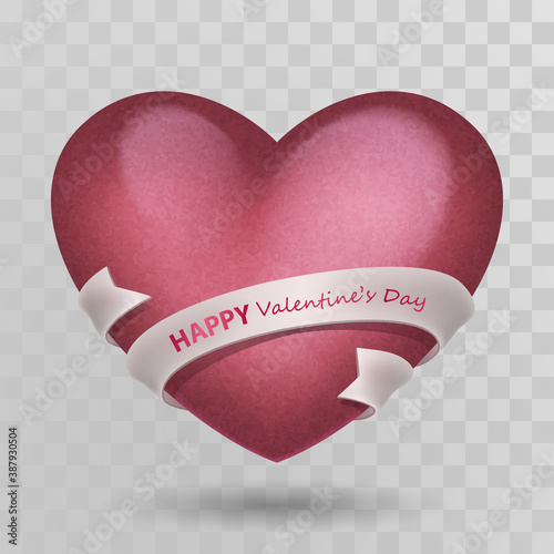Pink volumetric retro heart and white, silver ribbon with pink lettering Happy Valentines Day. Isolated on transparent background with shadow. Vector illustration for Holiday design.