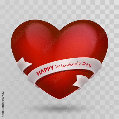Red volumetric retro heart and white, silver ribbon with red lettering Happy Valentines Day. Isolated on transparent background with shadow. Vector illustration for Holiday design.