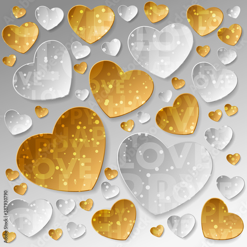 Sticker from gold and silver paper hearts and confetti, sparkles, dust with lettering love and happy on silver background. Vector illustration for Happy Valentines Day. Holiday design.