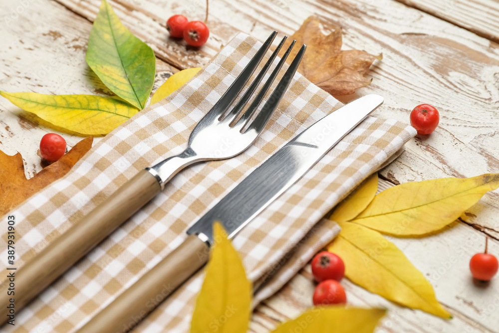 Beautiful table setting with autumn decor on white wooden background