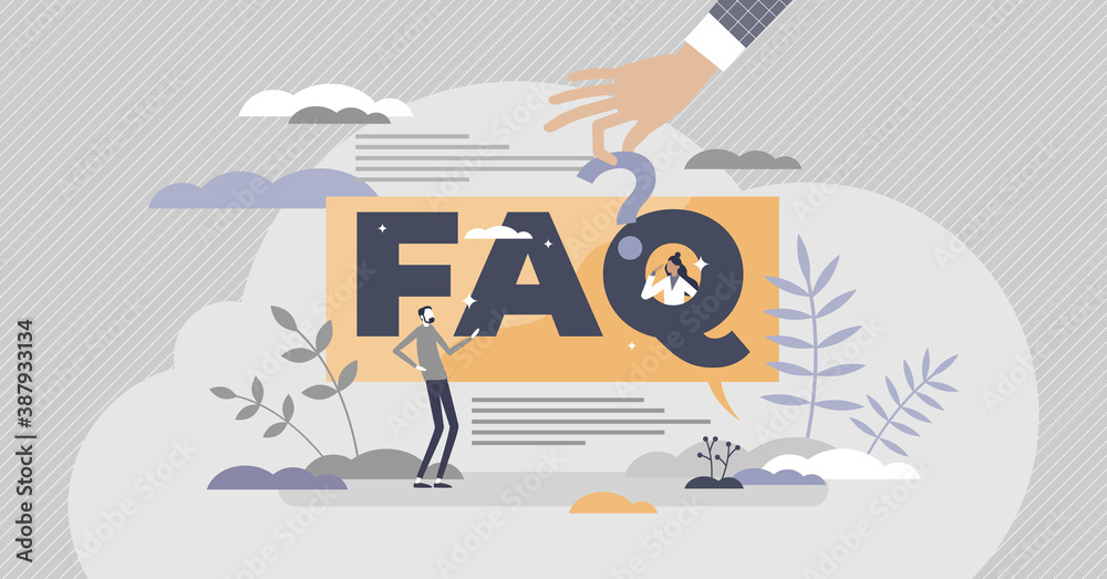 FAQ as frequently asked questions with solution answers tiny person concept - obrazy, fototapety, plakaty 