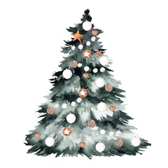 watercolor illustration with christmas tree, isolated on white background