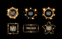 Black Friday Banner Mockup.  A Festive Golden, Glowing Frame That Is Strewn With Gold Dust.