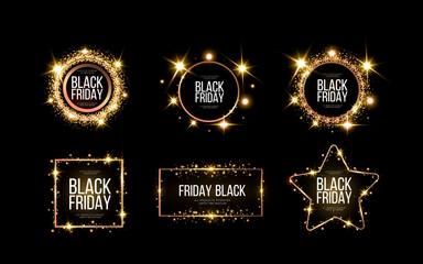 Black friday banner mockup.  A festive golden, glowing frame that is strewn with gold dust.