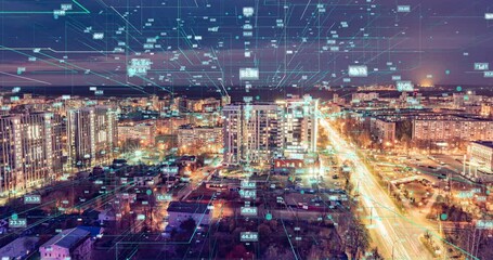 Poster - Smart city and communication network concept. 5G. IoT Internet of Things . Telecommunication. time lapse of evening city, beautiful cityscape