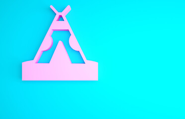 Poster - Pink Traditional indian teepee or wigwam icon isolated on blue background. Indian tent. Minimalism concept. 3d illustration 3D render.