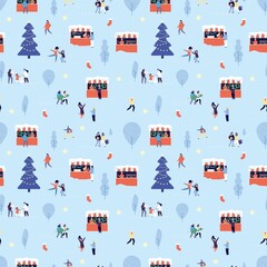 Poster - Christmas fair pattern. Happy people shopping, winter outdoor walking. Man woman child New year celebration. Festive or holidays street vector seamless pattern. Illustration fair christmas pattern