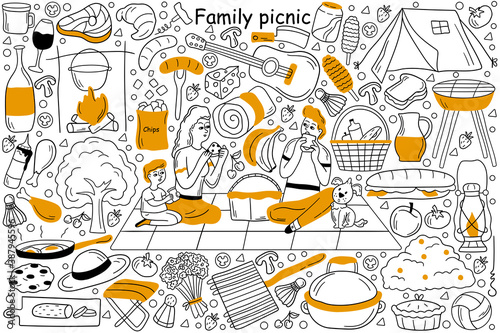 Family picnic doodle set. collection of hand drawn sketches templates patterns of man father woman mother with children having outing in city park. outdoor dining joint recreation outline illustration