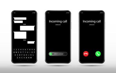 Poster - phone call and chat screen. realistic smartphone mockup, incoming call. accept decline button and sl
