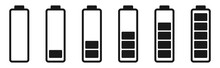 Battery Level Indicator In Black. Isolated Power Symbol On White Background. Low And Full Of Charge Accumulator. Mobile Capacity. Vector Batteries Pictogram. Enerhy Sign. EPS 10.