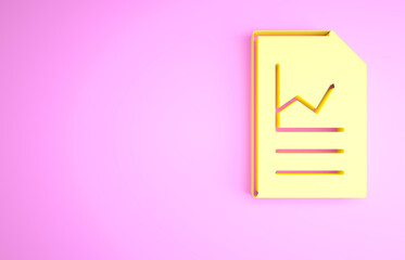 Sticker - Yellow Document with graph chart icon isolated on pink background. Report text file icon. Accounting sign. Audit, analysis, planning. Minimalism concept. 3d illustration 3D render.