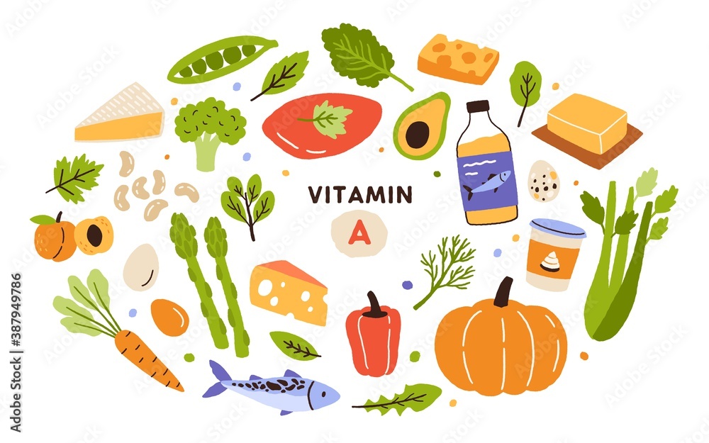 Collection of vitamin A sources. Healthy food containing carotene. Dairy products, greens, vegetable, fruits, fish. Dietetic organic products, natural nutrition. Flat vector cartoon illustration - obrazy, fototapety, plakaty 