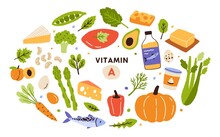 Collection Of Vitamin A Sources. Healthy Food Containing Carotene. Dairy Products, Greens, Vegetable, Fruits, Fish. Dietetic Organic Products, Natural Nutrition. Flat Vector Cartoon Illustration