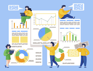 Fototapete - People working on project analytics and financial reports. Ladies and guys with laptops work as analysts in company. Business analytics diagrams on board. Vector illustration of team in flat style