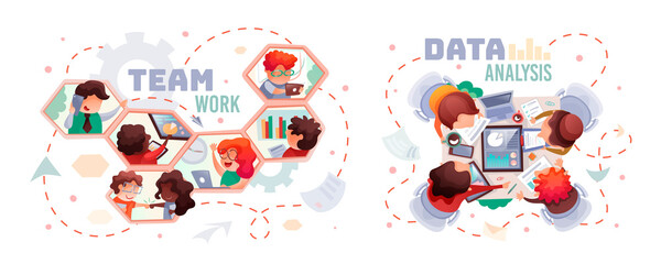 Fototapete - Teamwork in cartoon. Business strategy, creative team brainstorming. Data analysis top table view, business statistics and analysis, office workers at workplace corporate reporting. Start up team work