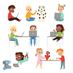 Sticker - Kids Programmer Characters Set, Boys and Girls Using Computers, Creating and Programming Smart Robots, Electronics Education Concept Cartoon Style Vector Illustration